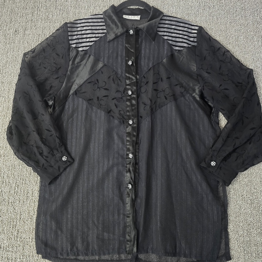 Vintage Axara Paris Black Sheer Burnout Button Up Blouse‎ Stripe Artsy XL